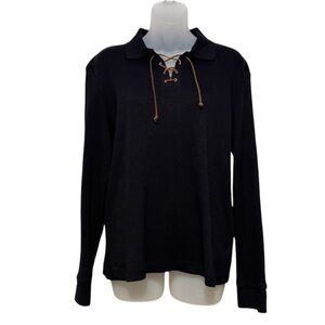 Lauren Ralph Lauren Collared Knit Top w/ Leather Laceup V Neckline